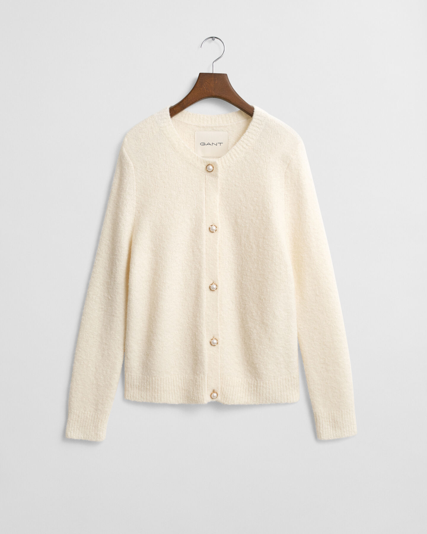 Boucl&eacute; Rundhalsstrickjacke