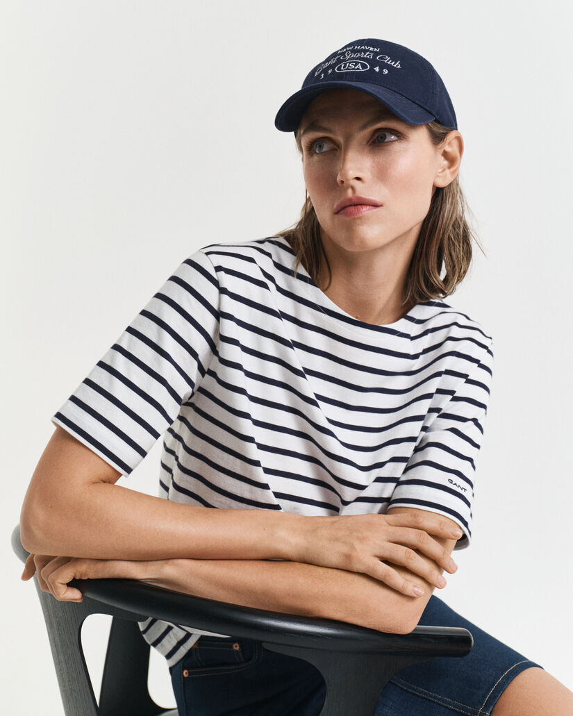 Gestreiftes T-Shirt mit U-Boot-Ausschnitt