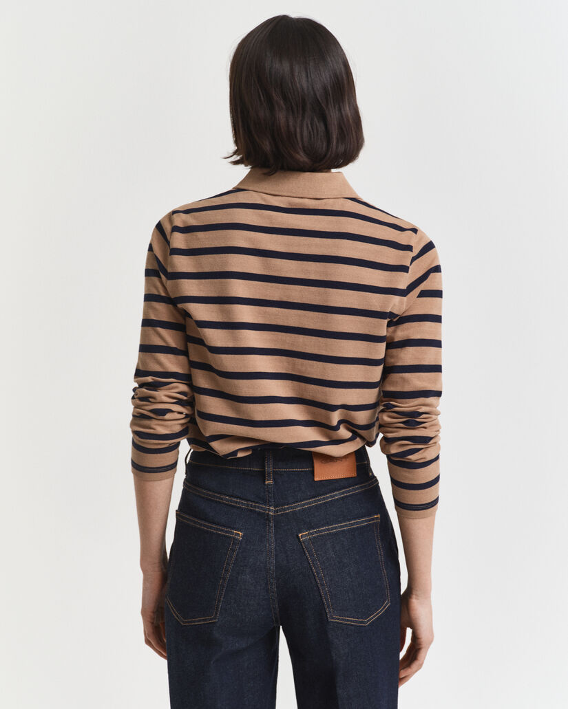 Breton Striped Piqu&eacute; Langarm-Poloshirt