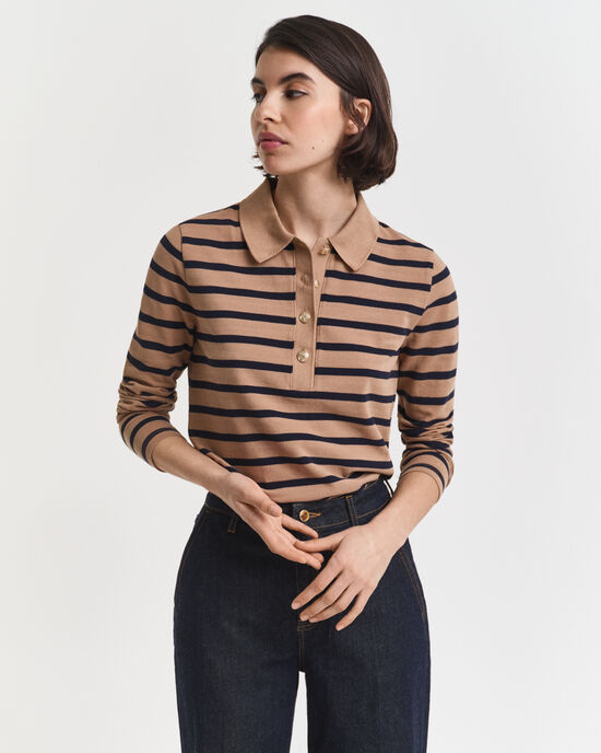 Breton Striped Piqu&eacute; Langarm-Poloshirt