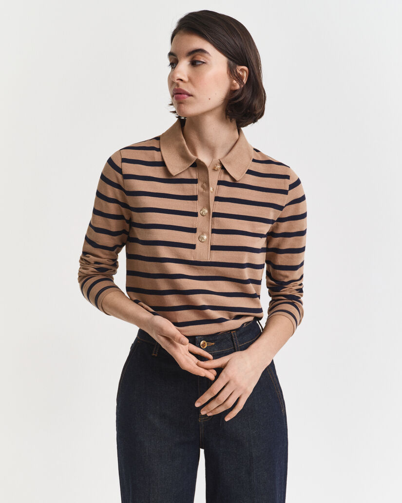 Breton Striped Piqu&eacute; Langarm-Poloshirt