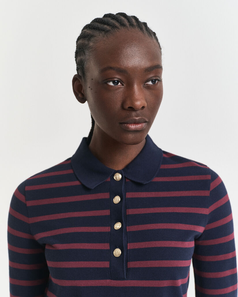 Breton Striped Piqu&eacute; Langarm-Poloshirt