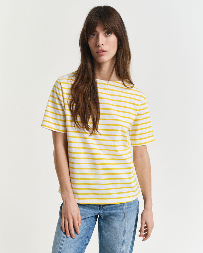 Gestreiftes T-Shirt mit U-Boot-Ausschnitt