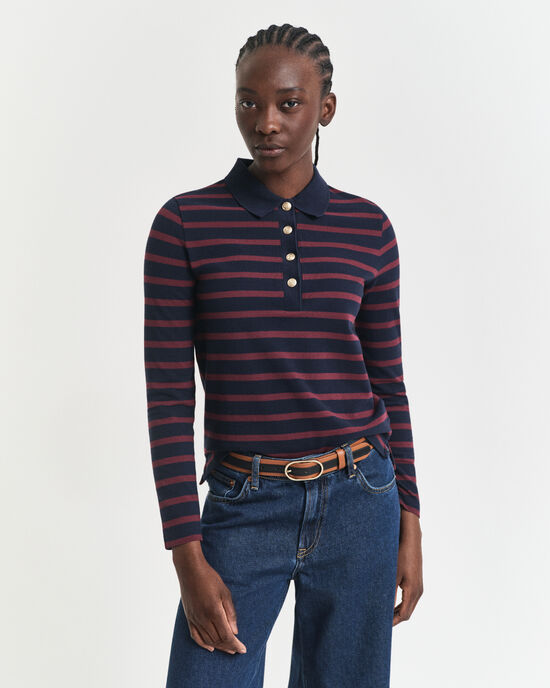 Breton Striped Piqu&eacute; Langarm-Poloshirt