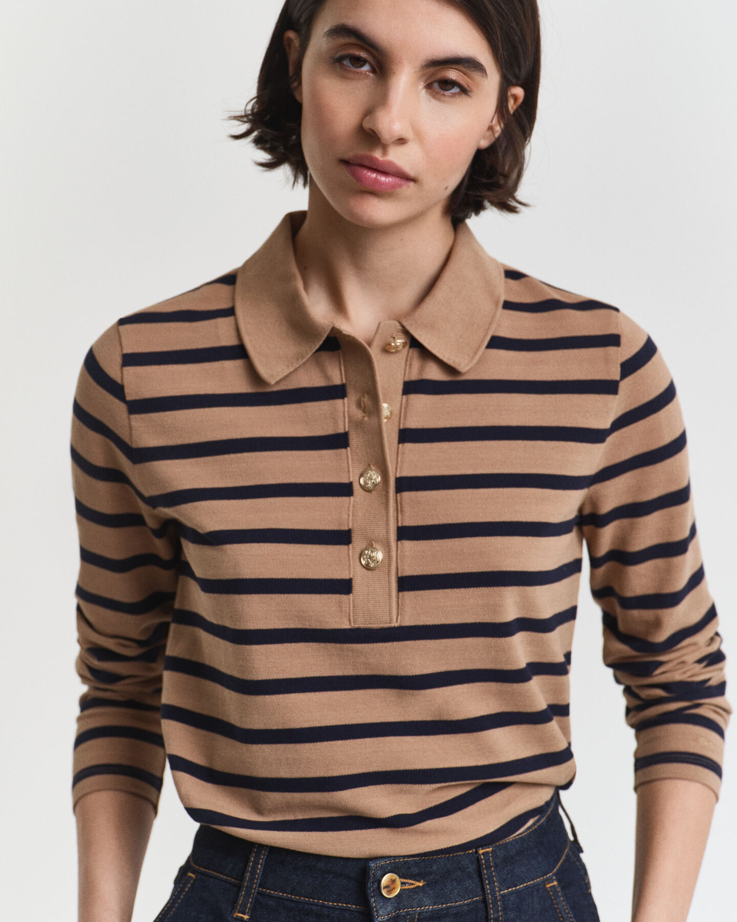 Breton Striped Piqu&eacute; Langarm-Poloshirt