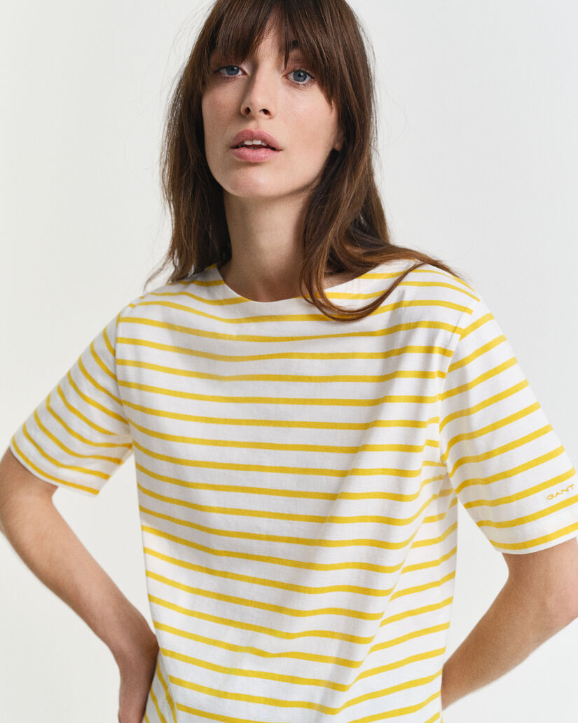 Gestreiftes T-Shirt mit U-Boot-Ausschnitt